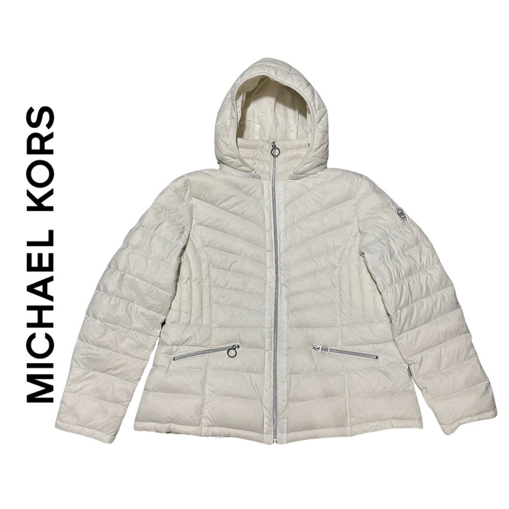 Michael Kors White Packable Down Puffer Winter Jacket With Carrying Bag Size XL